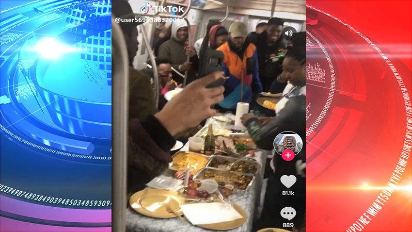 NYC L train straphangers served up a massive Thanksgiving dinner to riders (VIDEO)